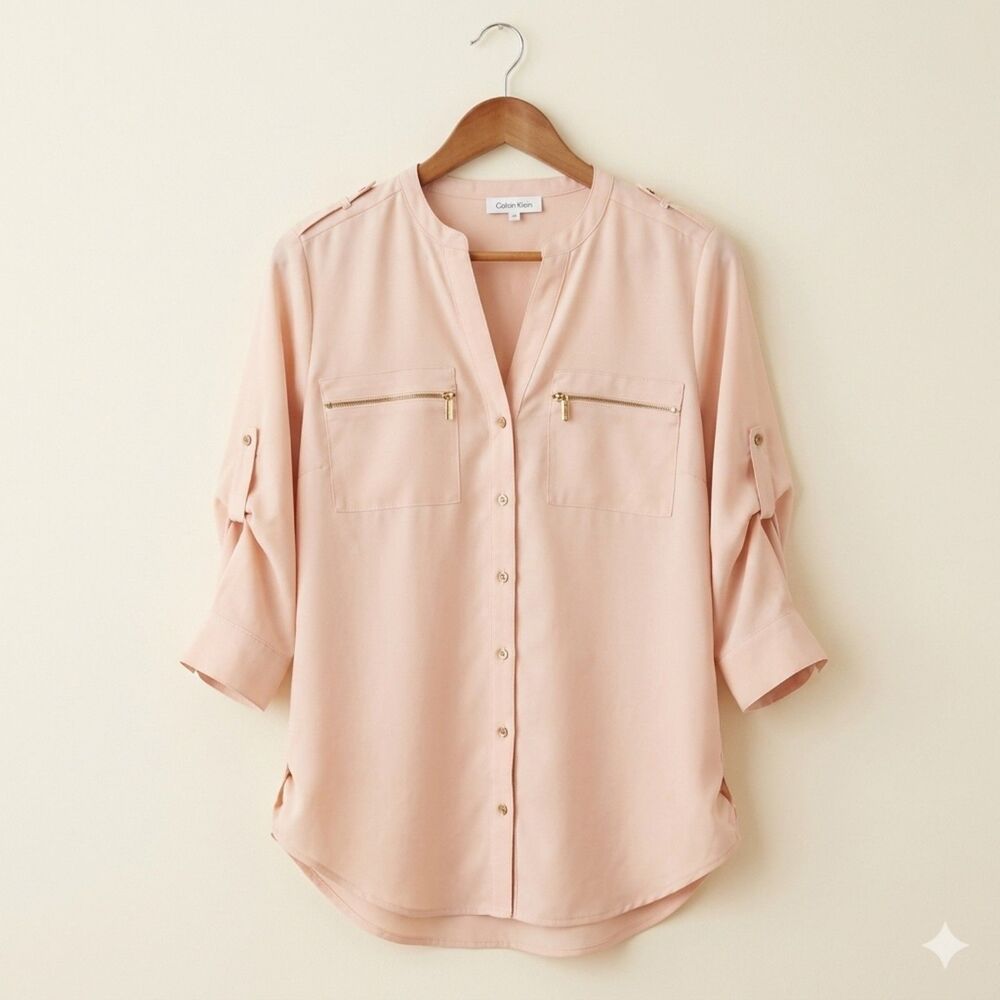 Calvin Klein Roll Tab Sleeve Blouse Blush Pink Gold Zip Accent Size Small EUC